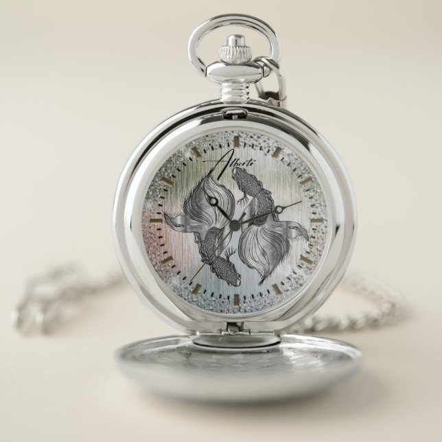 Custom silver pocket clock with fish watch (Inside)