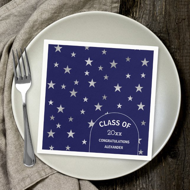 Custom Silver Stars navy blue graduation party Napkins (Creator Uploaded)