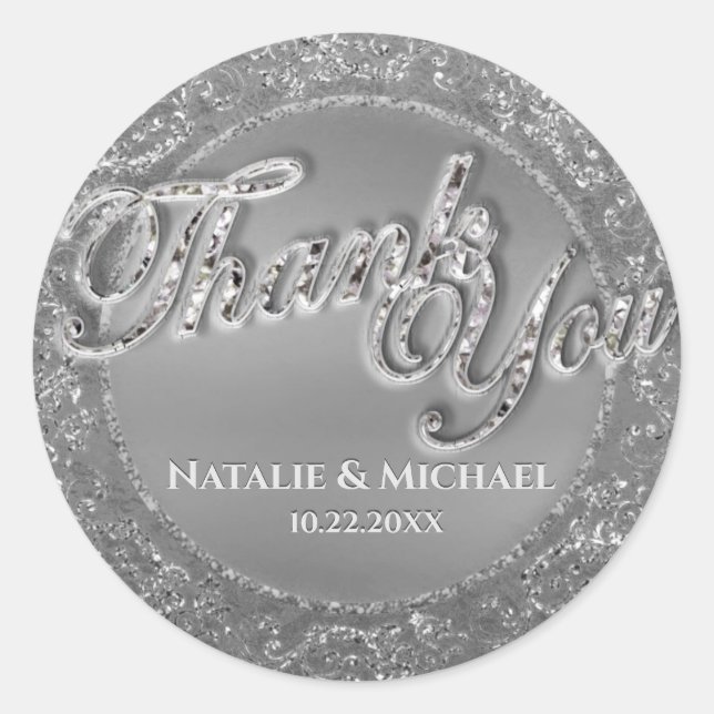 Custom Silver Thank You Classic Round Sticker (Front)