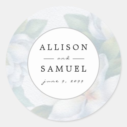 Custom Silver White Dogwood Blossoms Wedding Classic Round Sticker