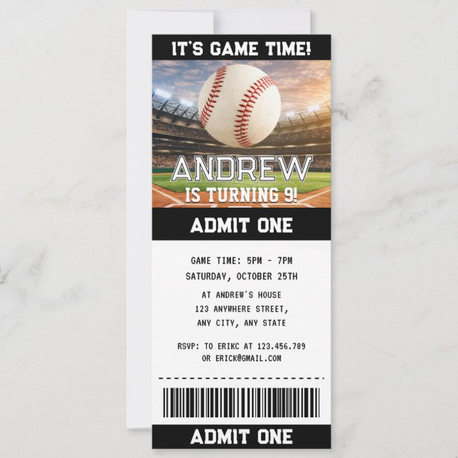Custom simple Baseball Ticket Birthday Invitation (Front)