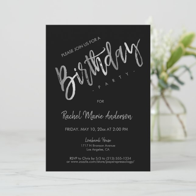 Custom Simple Black Silver Foil Birthday Party Invitation (Standing Front)