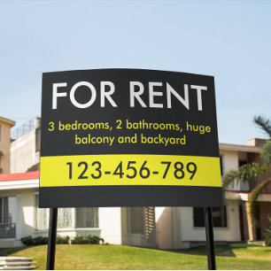 Custom Simple Black Yellow FOR RENT Lawn Signage