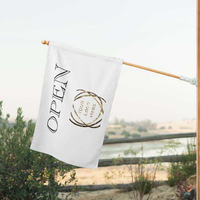 Custom Simple Business Logo Black and White "OPEN" House Flag (Insitu (Back))