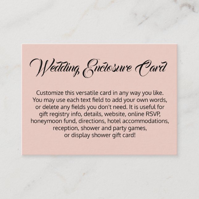 Custom, Simple DIY Blush Pink Versatile Wedding Enclosure Card (Front)