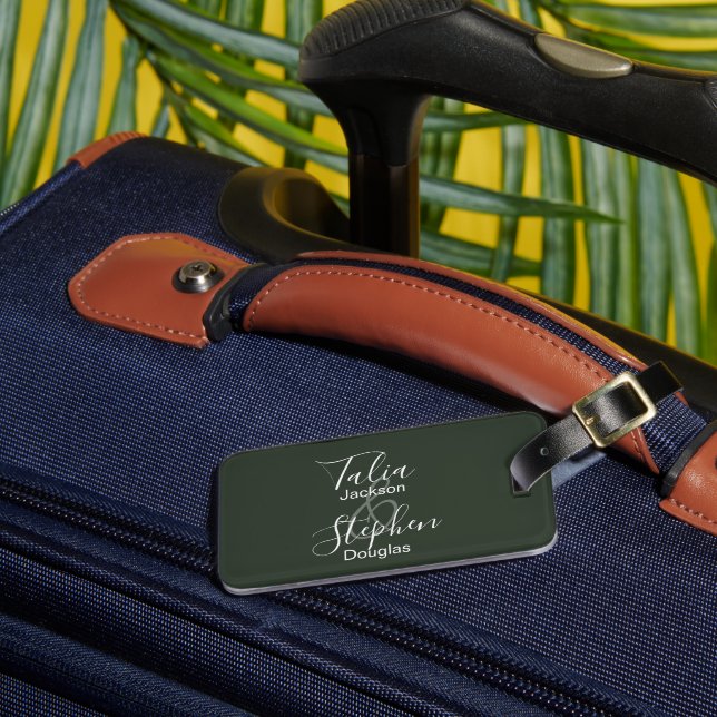 Custom simple elegant green Wedding couple Luggage Tag (Front Insitu 3)