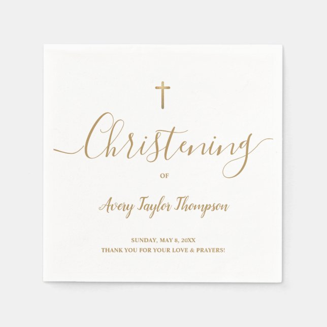 Custom SImple Gold Cross Christening Script  Napkins (Front)