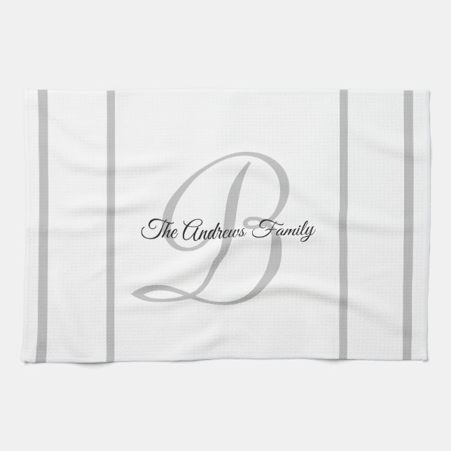 Custom Simple Grey White Monogram Family Name   Kitchen Towel (Horizontal)
