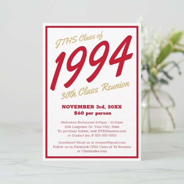 Custom Simple High School Class Reunion Invitation (Standing Front)