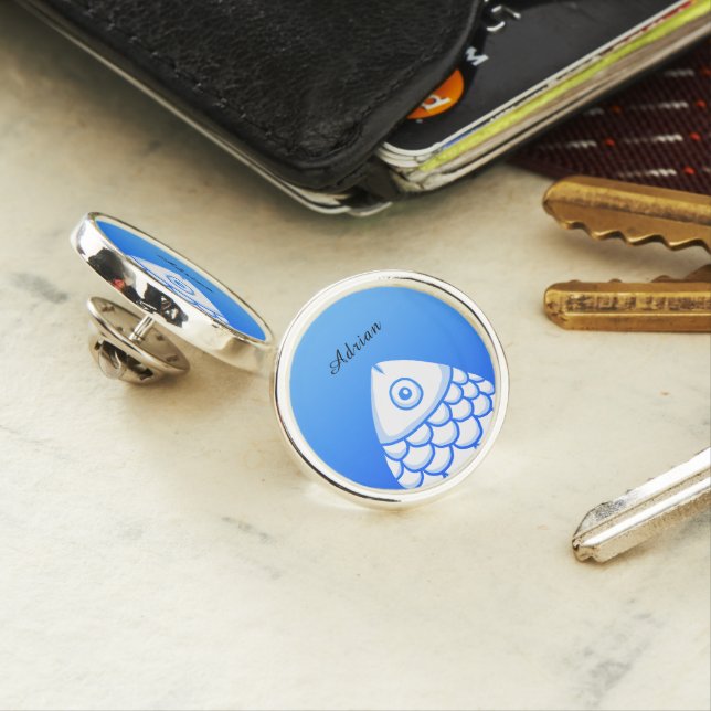 Custom Simple Koi Carp Fish Blue White Abstract Lapel Pin (In Situ)