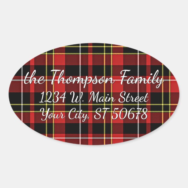 Custom Simple Merry Christmas Wish Tartan Pattern Oval Sticker (Front)
