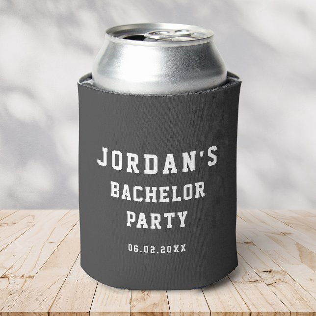 Custom Simple Modern Cool Bachelor Party Gray Can Cooler (a can in a gray cooler with simple, bold writing reading Jordan's Bachelor Party and the  date)