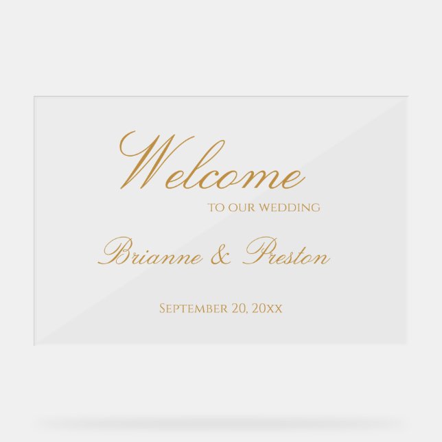 Custom Simple Modern Gold Script Wedding Welcome Acrylic Sign (Front)
