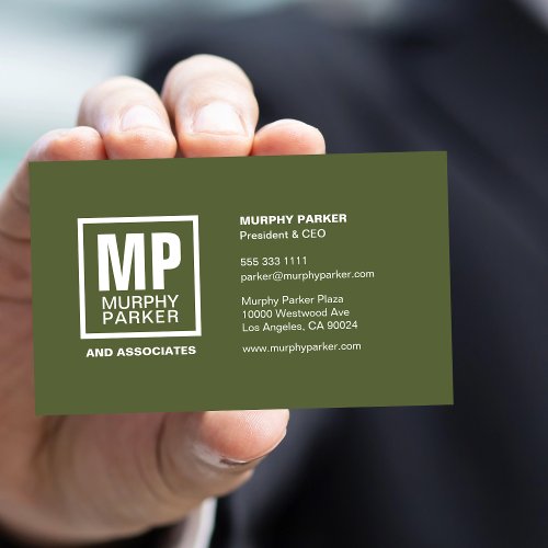 Custom Simple Olive Green Monogram Business Logo Business Card