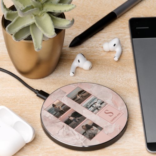 Custom Simple Photo Collage On Blush Pink Marble Wireless Charger