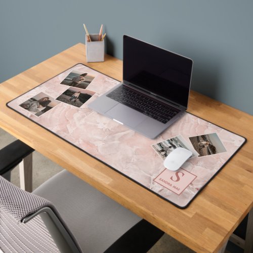 Custom Simple Photos Collage On Blush Pink Marble Desk Mat