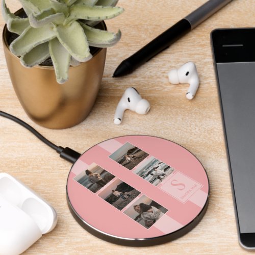 Custom Simple Photos Collage On Coral Blush Pink Wireless Charger