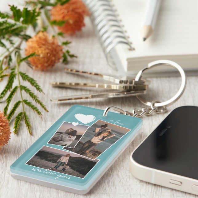 Custom Simple Photos On Teal Aqua Turquoise Blue Keychain (Front Right)