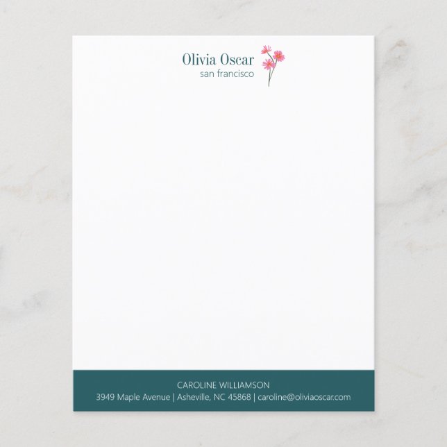 Custom Simple Pink Teal Floral Business Stationery (Front)