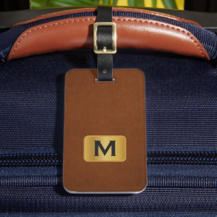 Custom Simple Sable Leather Gold Monogram Luggage Tag