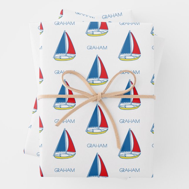 Custom Simple Sailboat Classic Baby Boy Nautical  Wrapping Paper Sheets (In situ)