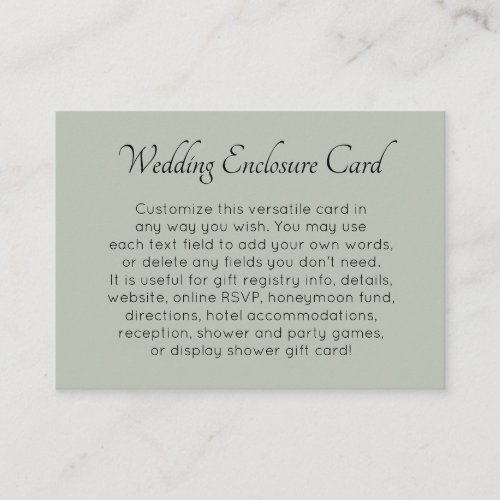 Custom Simple Versatile DIY Sage Green Wedding Enclosure Card