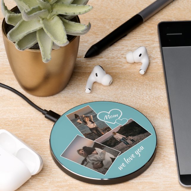 Custom Simple We Love You Mom Heart on Turquoise Wireless Charger (Desk 2)