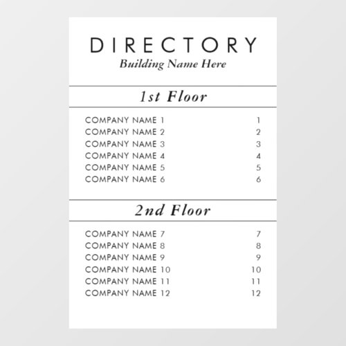Custom Simple White Business Building Directory Wall Decal