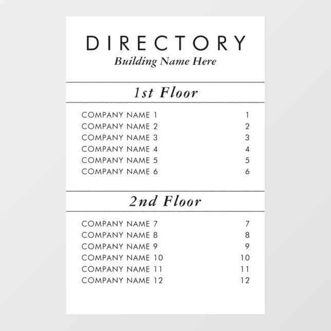 Custom Simple White Business Building Directory Wall Decal (Front)