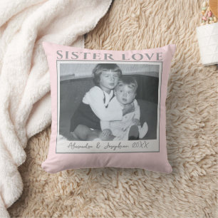 Custom Sister Love Photo Names Year Pastel Pink Throw Pillow