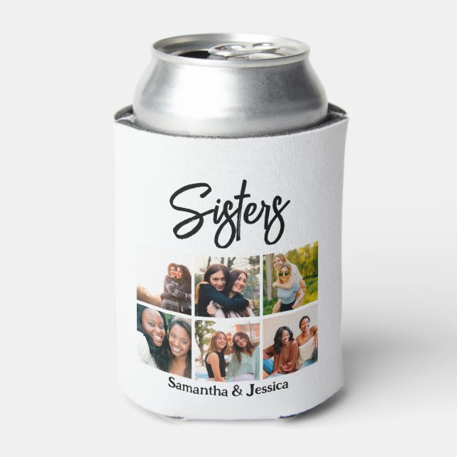 Custom Sisters Script 6 Photo Collage  Can Cooler (Can Front)