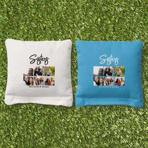 Custom Sisters Script 6 Photo Collage Cornhole Bags