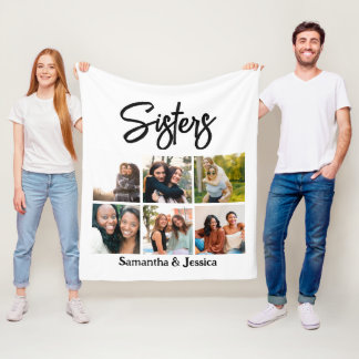 Custom Sisters Script 6 Photo Collage Fleece Blanket