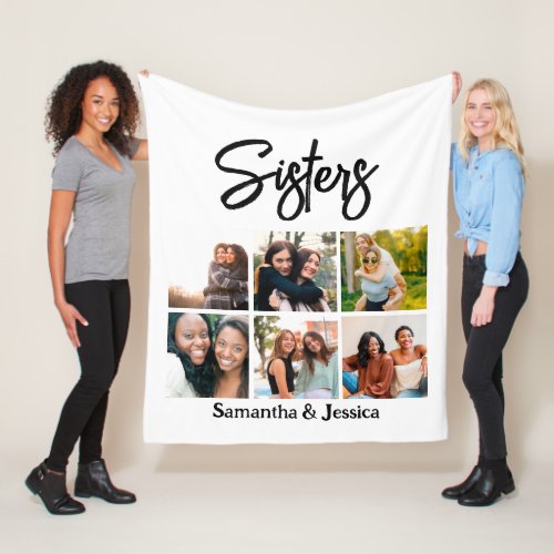 Custom Sisters Script 6 Photo Collage Fleece Blanket