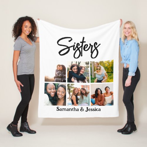 Custom Sisters Script 6 Photo Collage  Fleece Blanket