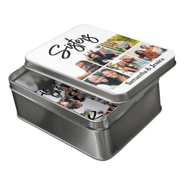 Custom Sisters Script 6 Photo Collage  Jigsaw Puzzle (Lid Open)