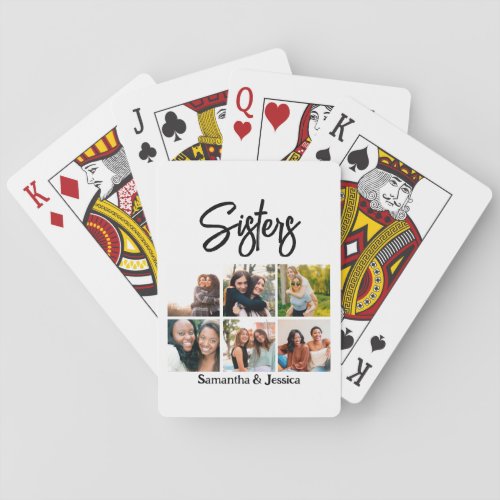 Custom Sisters Script 6 Photo Collage Playing Cards