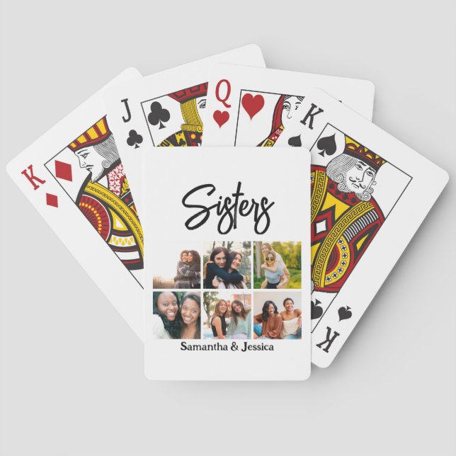 Custom Sisters Script 6 Photo Collage Poker Cards (Back)