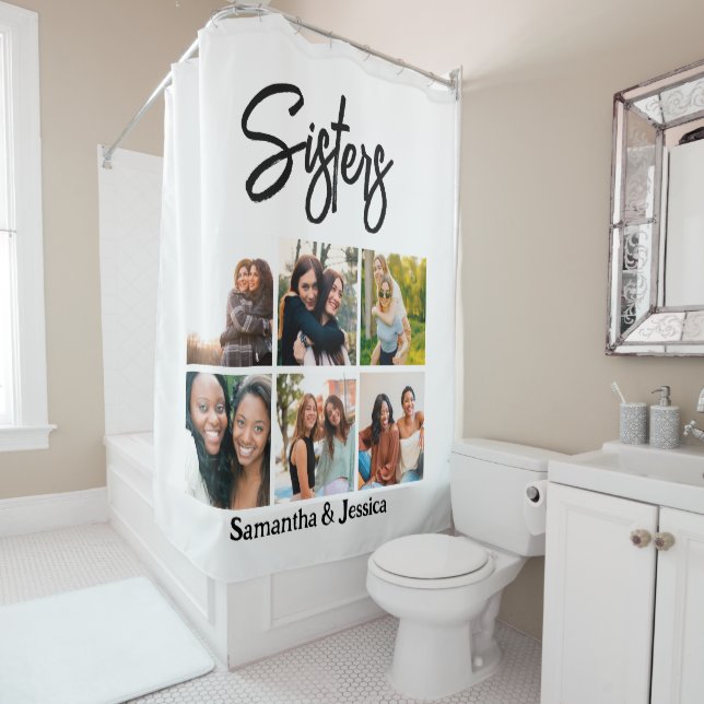 Custom Sisters Script 6 Photo Collage Shower Curtain (In Situ)