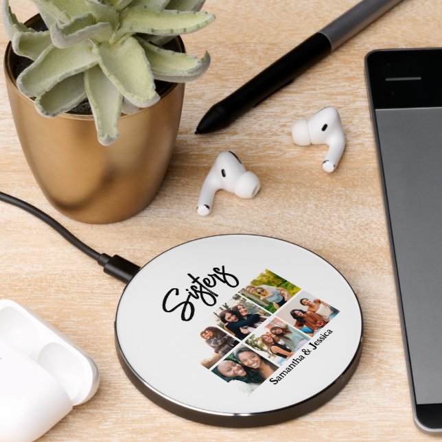 Custom Sisters Script 6 Photo Collage Wireless Charger (Desk 2)