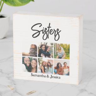 Custom Sisters Script 6 Photo Collage Wooden Box Sign
