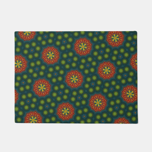   Custom Size Red & Green Dots Tribal Pet Bowl Mat (Front)