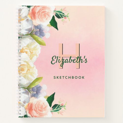 Custom sketchbook romantic florals peach pink notebook