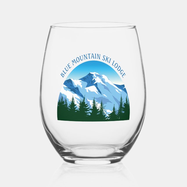 Custom Ski Lodge Winter Resort Snowy Mountain Stemless Wine Glass (Front)