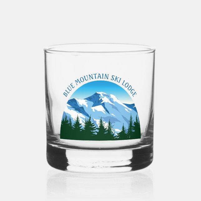 Custom Ski Lodge Winter Resort Snowy Mountain Whiskey Glass (Front)