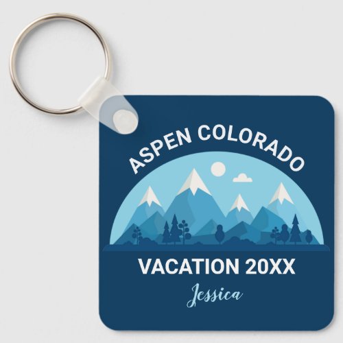Custom Ski Town Colorado Mountain Vacation Blue Keychain