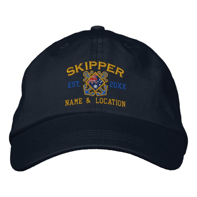 Custom Skipper Australian Flag Crossed Anchors Embroidered Baseball Cap (Front)