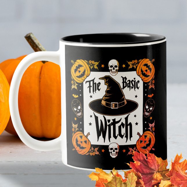 Custom Skull Black Bat Spider Halloween Witch Hat Two-Tone Coffee Mug (Creator Uploaded)