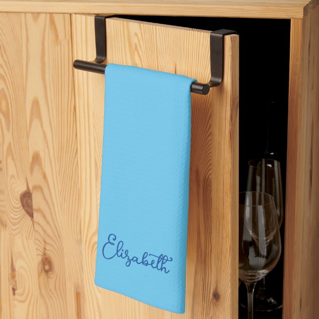 Custom Sky Blue Solid Color Calligraphed Name Kitchen Towel (Thirds Fold)