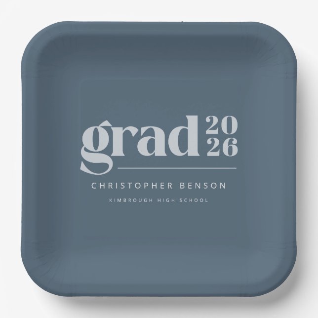 Custom Slate Blue 2026 Grad Graduation Paper Plates (Front)